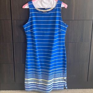 Blue and yellow striped sleeveless dress